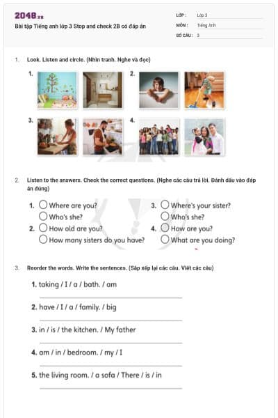 Bài tập Tiếng anh lớp 3 Stop and check 2B có đáp án