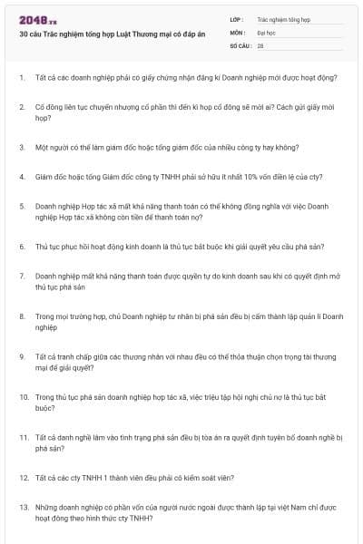 30 câu Trắc nghiệm tổng hợp Luật Thương mại có đáp án