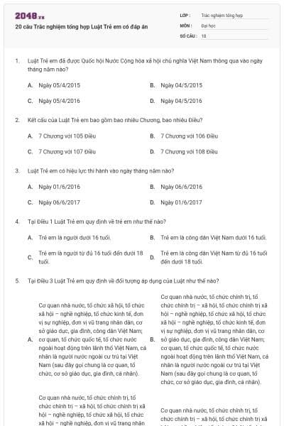 20 câu Trắc nghiệm tổng hợp Luật Trẻ em có đáp án