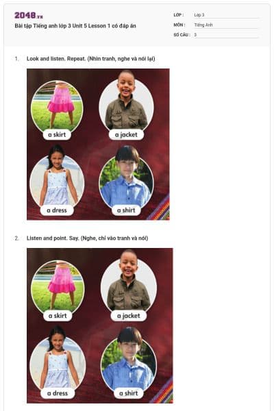 Bài tập Tiếng anh lớp 3 Unit 5 Lesson 1 có đáp án