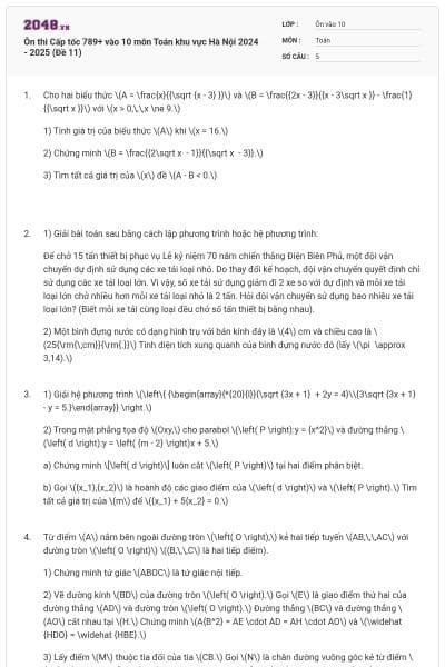 Ôn thi Cấp tốc 789+ vào 10 môn Toán khu vực Hà Nội 2024 - 2025 (Đề 11)