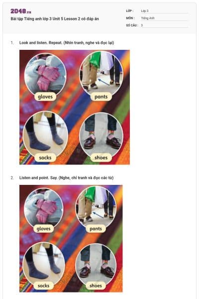 Bài tập Tiếng anh lớp 3 Unit 5 Lesson 2 có đáp án