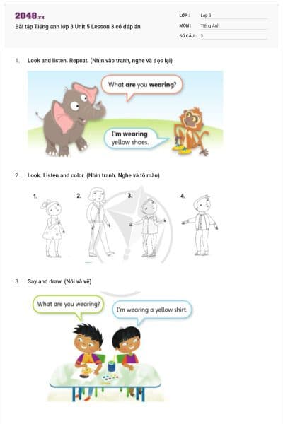 Bài tập Tiếng anh lớp 3 Unit 5 Lesson 3 có đáp án