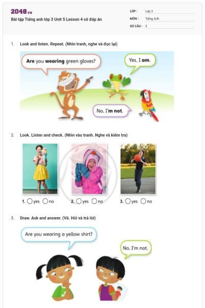 Bài tập Tiếng anh lớp 3 Unit 5 Lesson 4 có đáp án