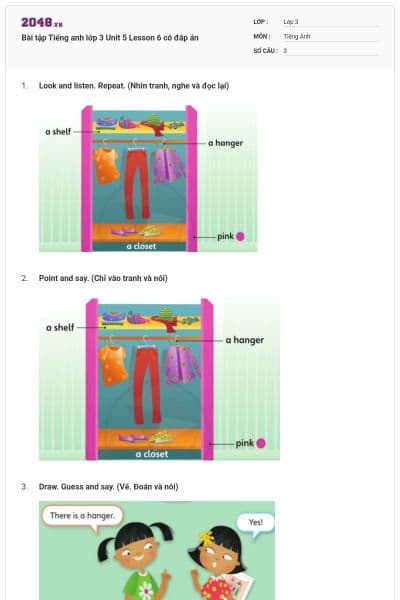 Bài tập Tiếng anh lớp 3 Unit 5 Lesson 6 có đáp án
