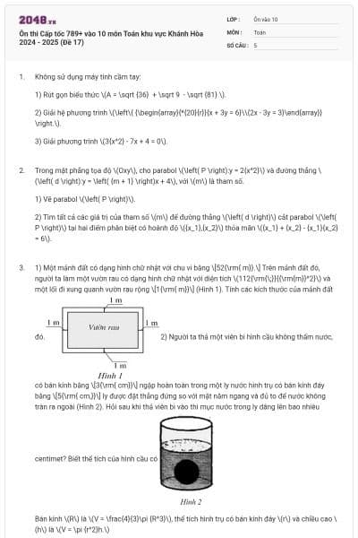 Ôn thi Cấp tốc 789+ vào 10 môn Toán khu vực Khánh Hòa 2024 - 2025 (Đề 17)
