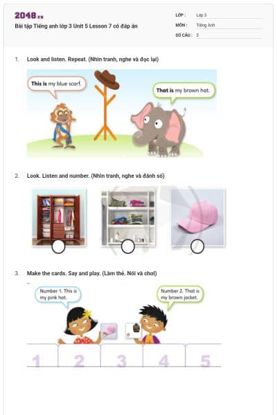 Bài tập Tiếng anh lớp 3 Unit 5 Lesson 7 có đáp án