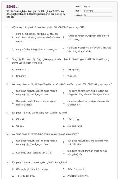 38 câu Trắc nghiệm ôn luyện thi tốt nghiệp THPT môn Công nghệ Chủ đề 1. Giới thiệu chung về lâm nghiệp có đáp án