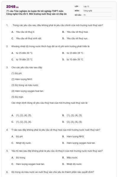71 câu Trắc nghiệm ôn luyện thi tốt nghiệp THPT môn Công nghệ Chủ đề 5. Môi trường nuôi thuỷ sản có đáp án