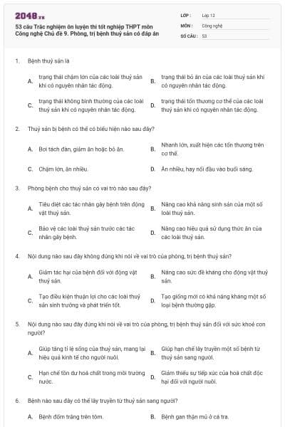 53 câu Trắc nghiệm ôn luyện thi tốt nghiệp THPT môn Công nghệ Chủ đề 9. Phòng, trị bệnh thuỷ sản có đáp án