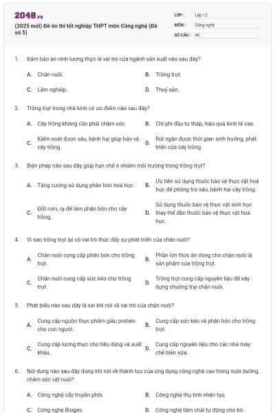 (2025 mới) Đề ôn thi tốt nghiệp THPT môn Công nghệ (Đề số 5)