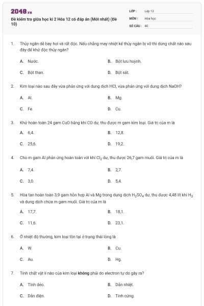 Đề kiểm tra giữa học kì 2 Hóa 12 có đáp án (Mới nhất) (Đề 10)