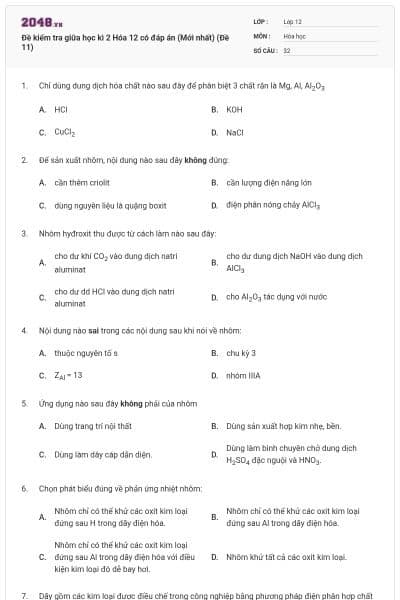 Đề kiểm tra giữa học kì 2 Hóa 12 có đáp án (Mới nhất) (Đề 11)