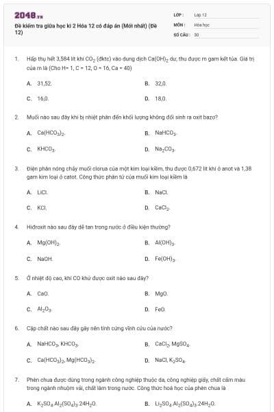 Đề kiểm tra giữa học kì 2 Hóa 12 có đáp án (Mới nhất) (Đề 12)