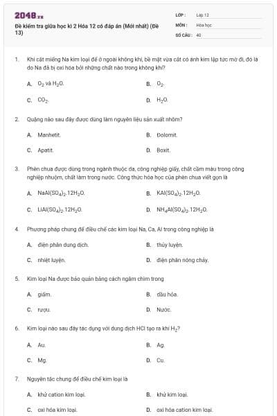Đề kiểm tra giữa học kì 2 Hóa 12 có đáp án (Mới nhất) (Đề 13)