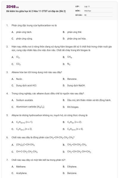 Đề kiểm tra giữa học kì 2 Hóa 11 CTST có đáp án (Đề 2)
