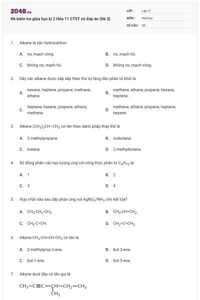 Đề kiểm tra giữa học kì 2 Hóa 11 CTST có đáp án (Đề 3)