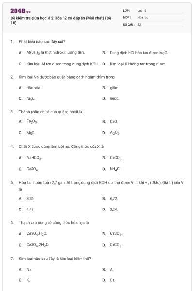 Đề kiểm tra giữa học kì 2 Hóa 12 có đáp án (Mới nhất) (Đề 16)