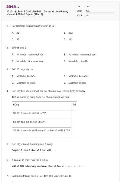 10 bài tập Toán 3 Cánh diều Bài 1: Ôn tập về các số trong phạm vi 1 000 có đáp án (Phần 2)