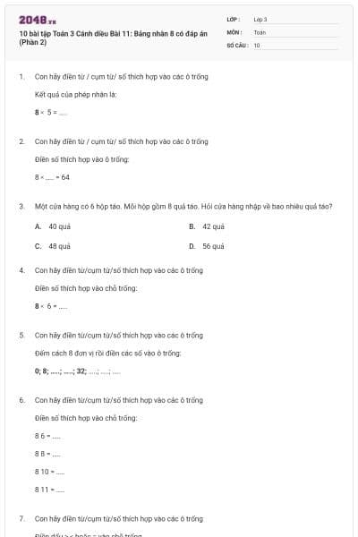 10 bài tập Toán 3 Cánh diều Bài 11: Bảng nhân 8 có đáp án (Phần 2)