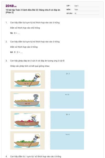 10 bài tập Toán 3 Cánh diều Bài 22: Bảng chia 8 có đáp án (Phần 2)