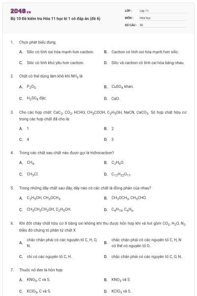 Bộ 10 Đề kiểm tra Hóa 11 học kì 1 có đáp án (đề 6)