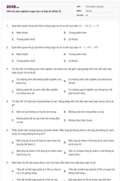 340 câu trắc nghiệm Logic học có đáp án (Phần 5)