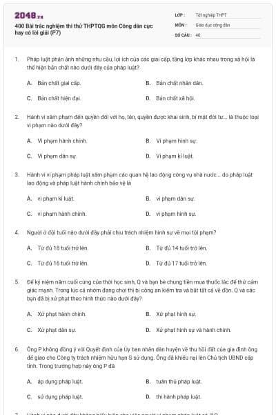 400 Bài trắc nghiệm thi thử THPTQG môn Công dân cực hay có lời giải (P7)