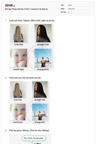 Bài tập Tiếng anh lớp 3 Unit 7 Lesson 5 có đáp án