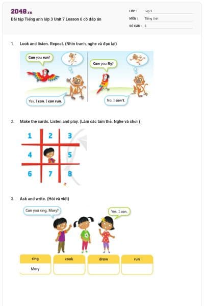 Bài tập Tiếng anh lớp 3 Unit 7 Lesson 6 có đáp án