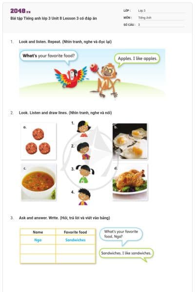 Bài tập Tiếng anh lớp 3 Unit 8 Lesson 3 có đáp án