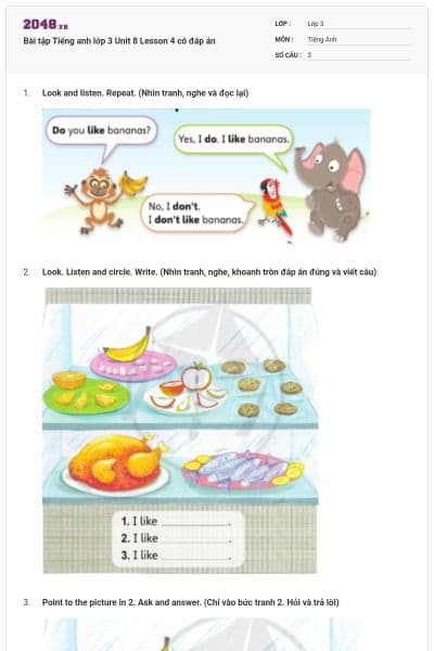 Bài tập Tiếng anh lớp 3 Unit 8 Lesson 4 có đáp án