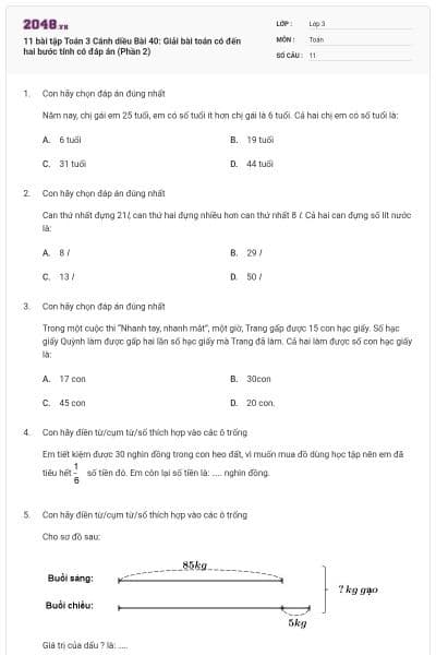 11 bài tập Toán 3 Cánh diều Bài 40: Giải bài toán có đến hai bước tính có đáp án (Phần 2)