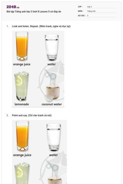 Bài tập Tiếng anh lớp 3 Unit 8 Lesson 5 có đáp án