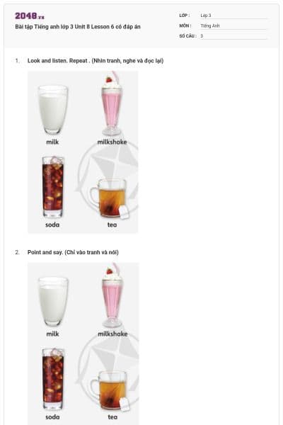 Bài tập Tiếng anh lớp 3 Unit 8 Lesson 6 có đáp án