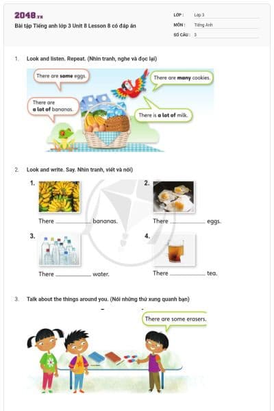 Bài tập Tiếng anh lớp 3 Unit 8 Lesson 8 có đáp án