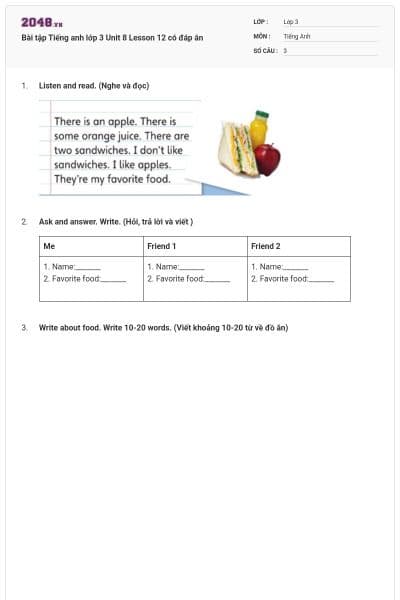 Bài tập Tiếng anh lớp 3 Unit 8 Lesson 12 có đáp án