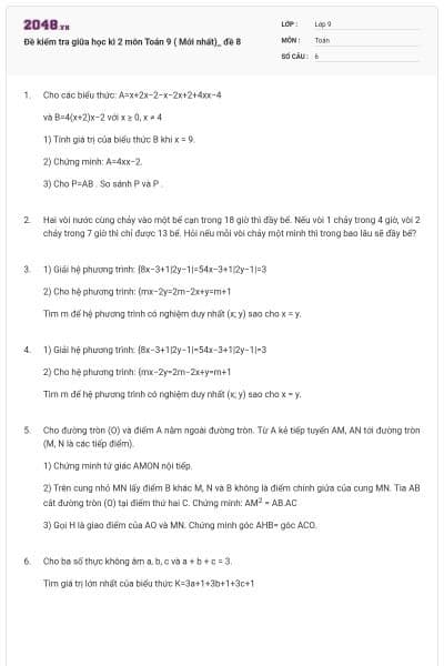 Đề kiểm tra giữa học kì 2 môn Toán 9 ( Mới nhất)_ đề 8