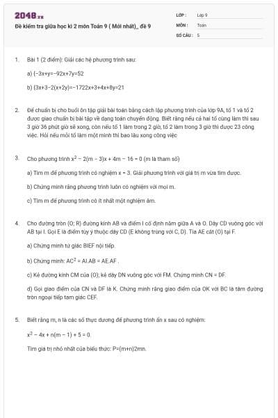 Đề kiểm tra giữa học kì 2 môn Toán 9 ( Mới nhất)_ đề 9