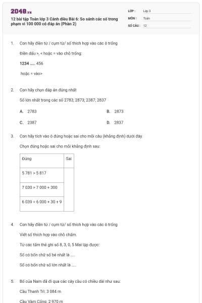 12 bài tập Toán lớp 3 Cánh diều Bài 6: So sánh các số trong phạm vi 100 000 có đáp án (Phần 2)