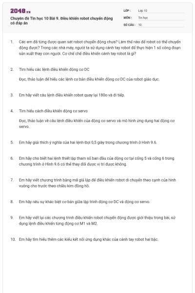 Chuyên đề Tin học 10 Bài 9. Điều khiển robot chuyển động có đáp án