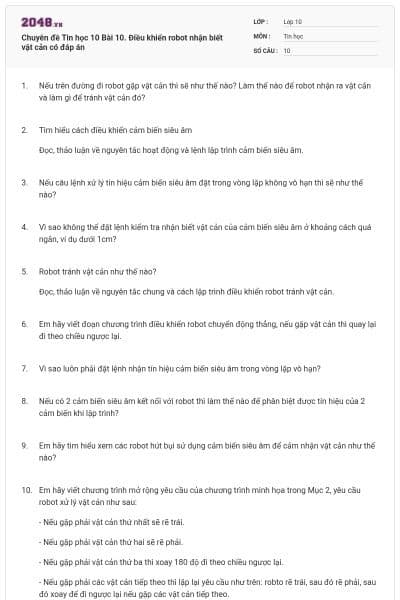 Chuyên đề Tin học 10 Bài 10. Điều khiển robot nhận biết vật cản có đáp án
