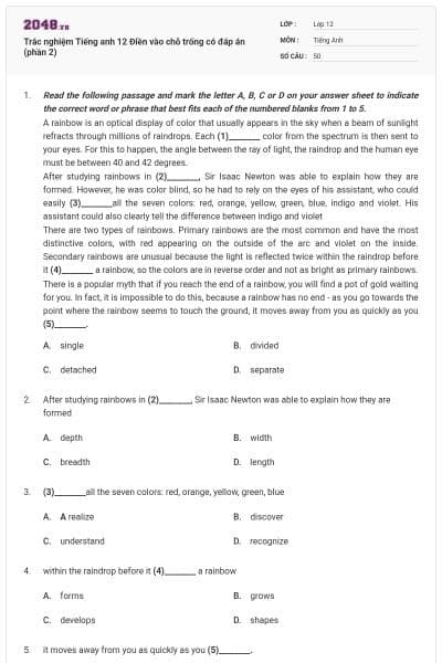 Trắc nghiệm Tiếng anh 12 Điền vào chỗ trống có đáp án (phần 2)