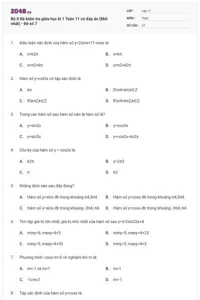 Bộ 8 Đề kiểm tra giữa học kì 1 Toán 11 có đáp án (Mới nhất) - Đề số 7