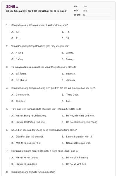 30 câu Trắc nghiệm Địa 9 Kết nối tri thức Bài 12 có đáp án