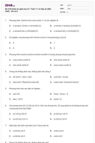 Bộ 8 Đề kiểm tra giữa học kì 1 Toán 11 có đáp án (Mới nhất) - Đề số 8