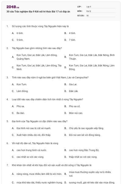 30 câu Trắc nghiệm Địa 9 Kết nối tri thức Bài 17 có đáp án