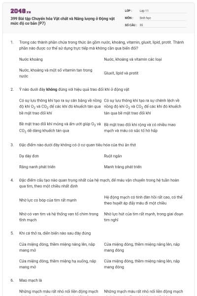 399 Bài tập Chuyển hóa Vật chất và Năng lượng ở Động vật mức độ cơ bản (P7)