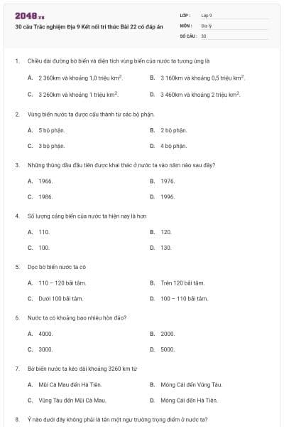 30 câu Trắc nghiệm Địa 9 Kết nối tri thức Bài 22 có đáp án