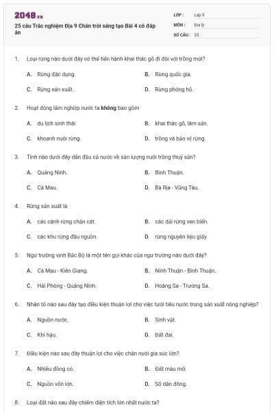 25 câu Trắc nghiệm Địa 9 Chân trời sáng tạo Bài 4 có đáp án